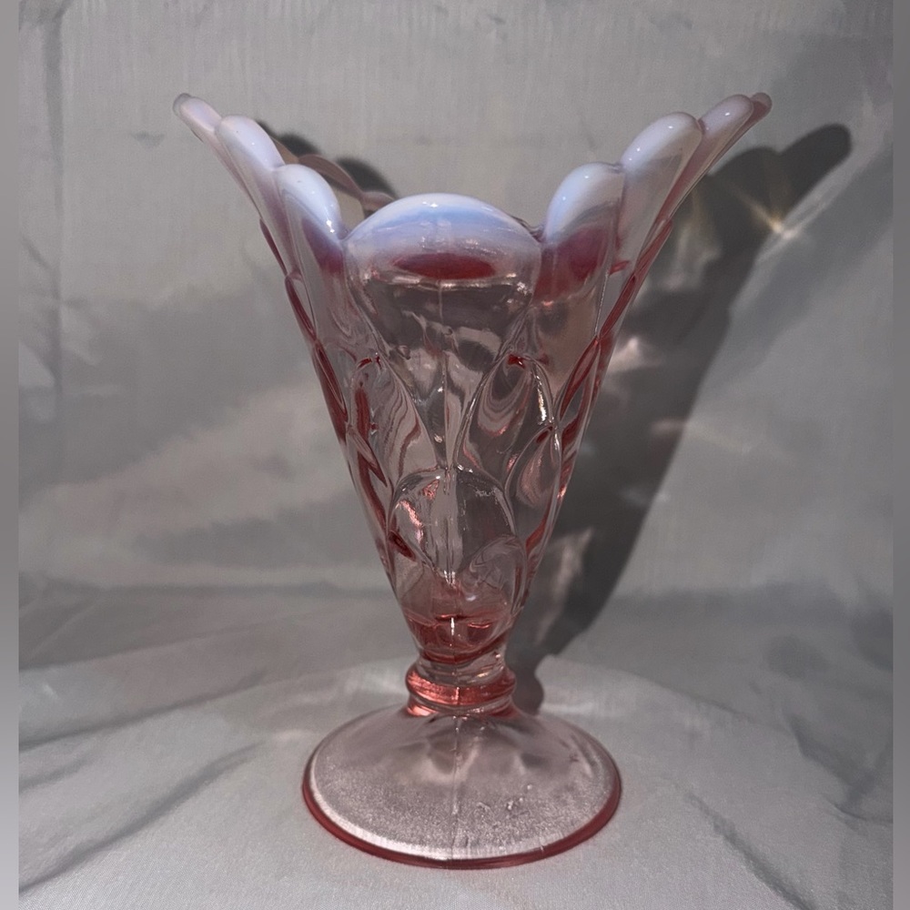 Pink Opalescent Glass Vase, Decorative, Scalloped Rim, Pedestal Base, 6.5" Tall - Picture 4 of 13